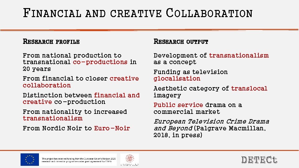 FINANCIAL AND RESEARCH CREATIVE PROFILE From national production to transnational co-productions in 20 years