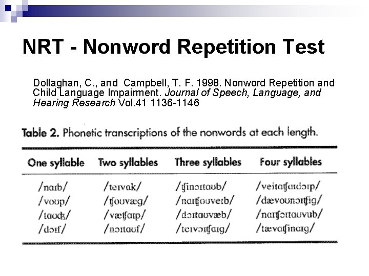 NRT - Nonword Repetition Test Dollaghan, C. , and Campbell, T. F. 1998. Nonword