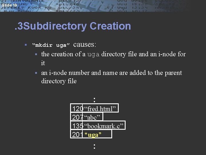 Slide 19 . 3 Subdirectory Creation § “mkdir uga” causes: the creation of a