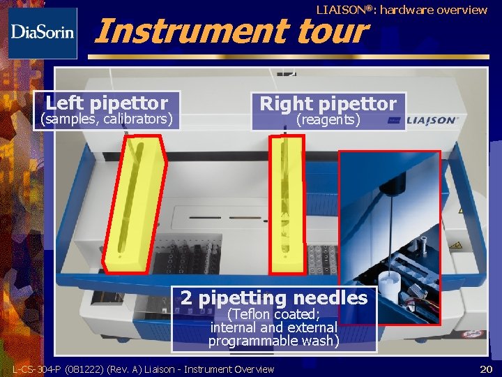 LIAISON®: hardware overview Instrument tour Left pipettor (samples, calibrators) Right pipettor (reagents) 2 pipetting