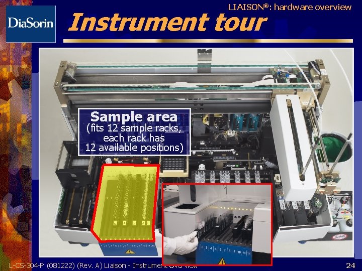 LIAISON®: hardware overview Instrument tour Sample area (fits 12 sample racks, each rack has