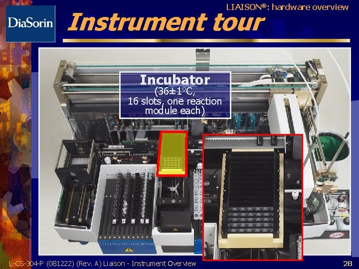 LIAISON®: hardware overview Instrument tour Incubator (36± 1°C, 16 slots, one reaction module each)