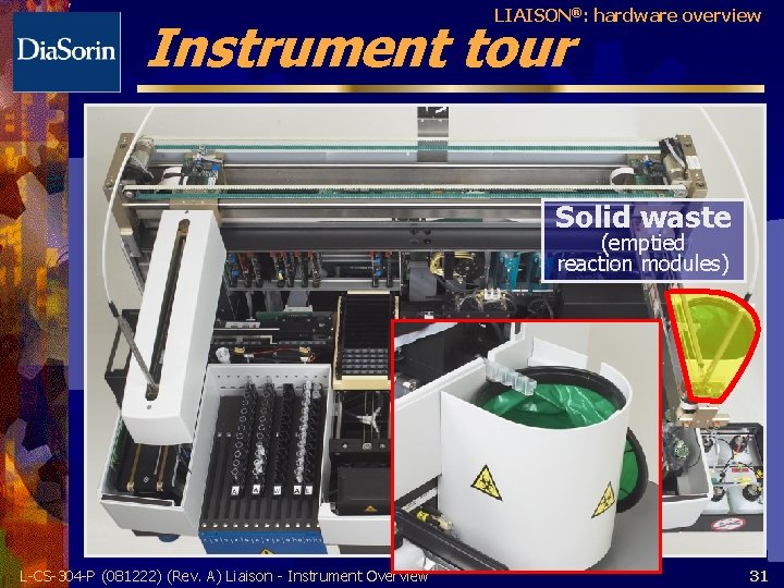 LIAISON®: hardware overview Instrument tour Solid waste (emptied reaction modules) L-CS-304 -P (081222) (Rev.