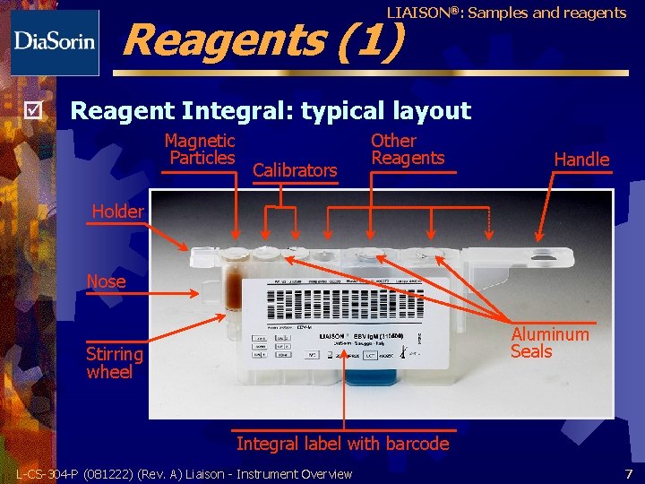 LIAISON®: Samples and reagents Reagents (1) þ Reagent Integral: typical layout Magnetic Particles Calibrators