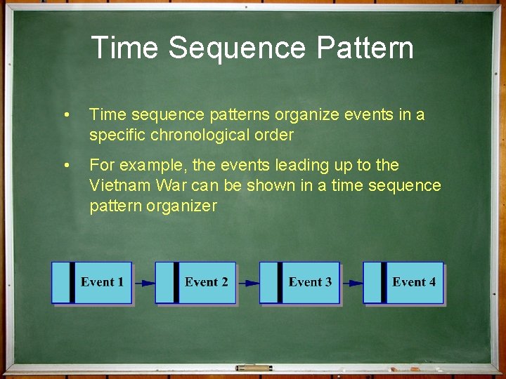 Time Sequence Pattern • Time sequence patterns organize events in a specific chronological order