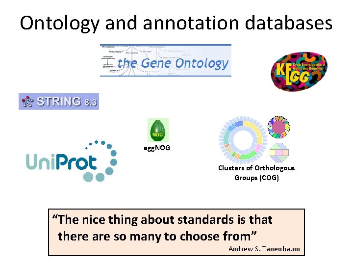 Ontology and annotation databases egg. NOG Clusters of Orthologous Groups (COG) “The nice thing