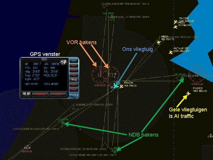 VOR bakens GPS venster Ons vliegtuig Gele vliegtuigen is AI traffic NDB bakens 