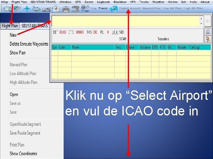 Klik nu op “Select Airport” en vul de ICAO code in 