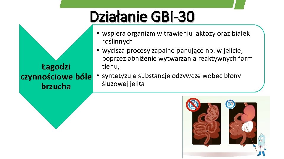 Działanie GBI-30 Łagodzi czynnościowe bóle brzucha • wspiera organizm w trawieniu laktozy oraz białek