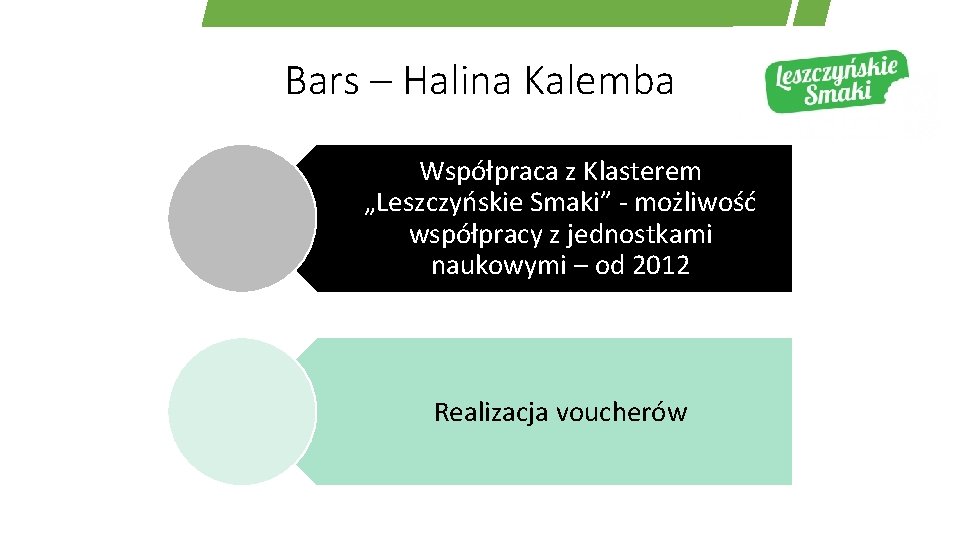 Bars – Halina Kalemba Współpraca z Klasterem „Leszczyńskie Smaki” - możliwość współpracy z jednostkami