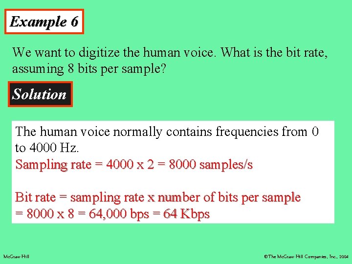 Example 6 We want to digitize the human voice. What is the bit rate,