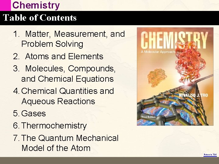 Chemistry Table of Contents 1. Matter, Measurement, and Problem Solving 2. Atoms and Elements