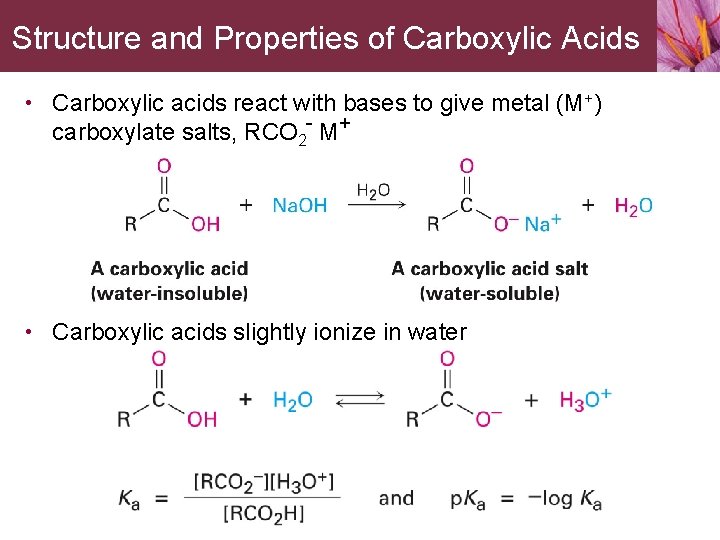 Structure and Properties of Carboxylic Acids • Carboxylic acids react with bases to give