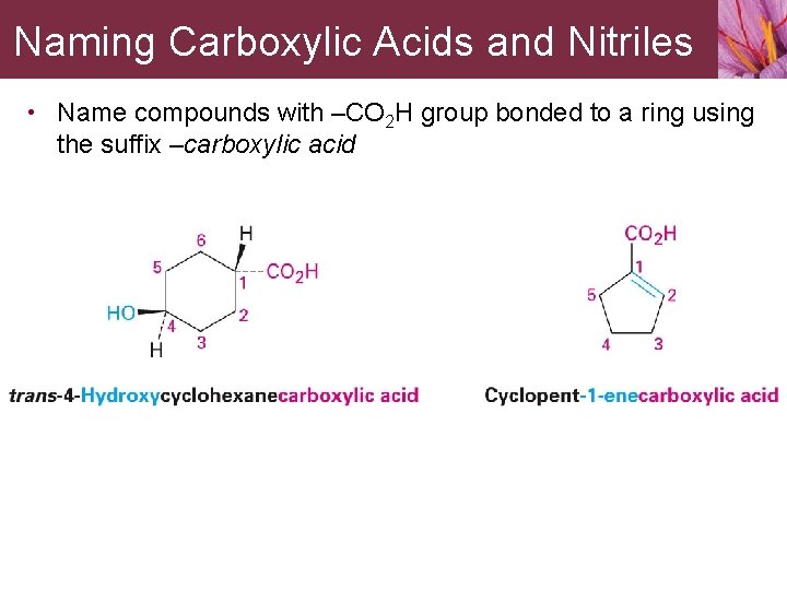 Naming Carboxylic Acids and Nitriles • Name compounds with –CO 2 H group bonded