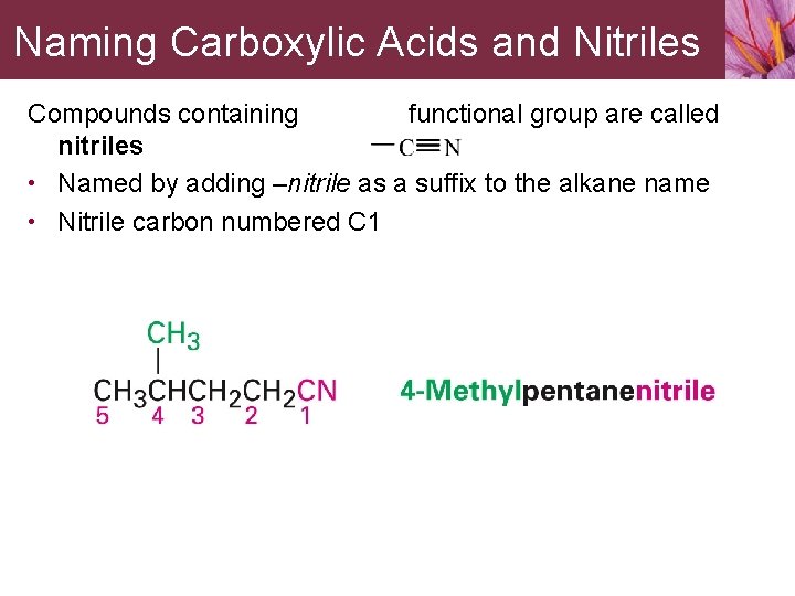 Naming Carboxylic Acids and Nitriles Compounds containing functional group are called nitriles • Named