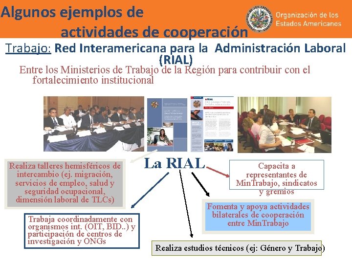 Algunos ejemplos de actividades de cooperación Trabajo: Red Interamericana para la Administración Laboral (RIAL) Algunos ejemplos de actividades de cooperación Trabajo: Red Interamericana para la Administración Laboral (RIAL)