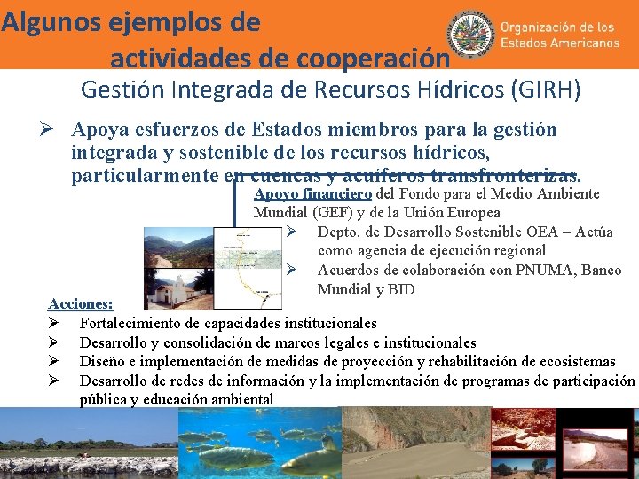 Algunos ejemplos de actividades de cooperación Gestión Integrada de Recursos Hídricos (GIRH) Ø Apoya Algunos ejemplos de actividades de cooperación Gestión Integrada de Recursos Hídricos (GIRH) Ø Apoya