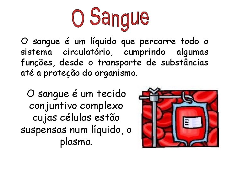 O sangue é um líquido que percorre todo o sistema circulatório, cumprindo algumas funções,