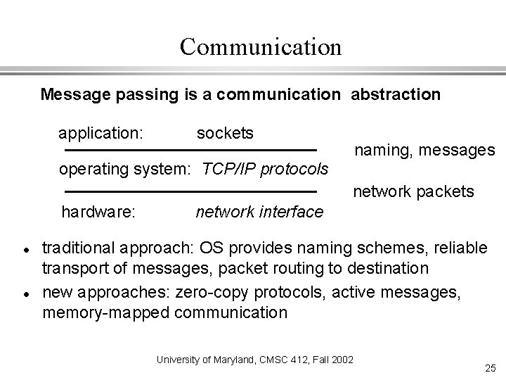 Communication Message passing is a communication abstraction application: sockets naming, messages operating system: TCP/IP