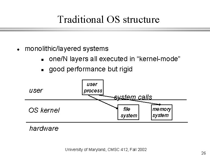 Traditional OS structure monolithic/layered systems one/N layers all executed in “kernel-mode” good performance but