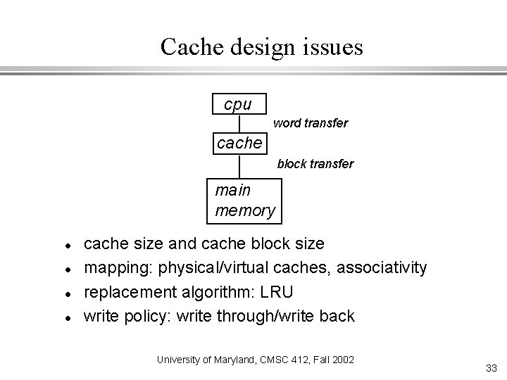 Cache design issues cpu word transfer cache block transfer main memory cache size and
