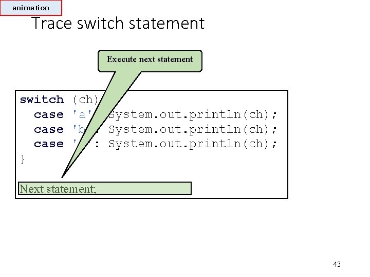 animation Trace switch statement Execute next statement switch case } (ch) 'a': 'b': 'c':