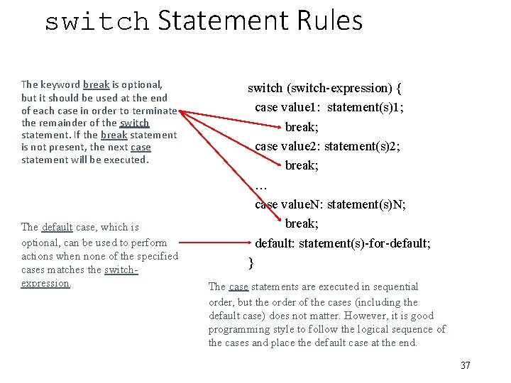 switch Statement Rules The keyword break is optional, but it should be used at