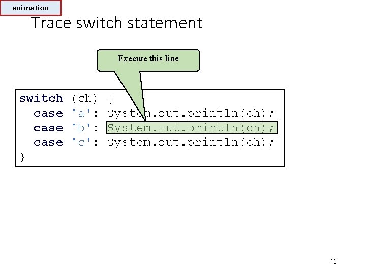 animation Trace switch statement Execute this line switch case } (ch) 'a': 'b': 'c':