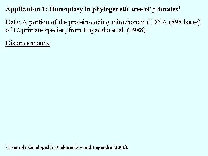 Application 1: Homoplasy in phylogenetic tree of primates 1 Data: A portion of the