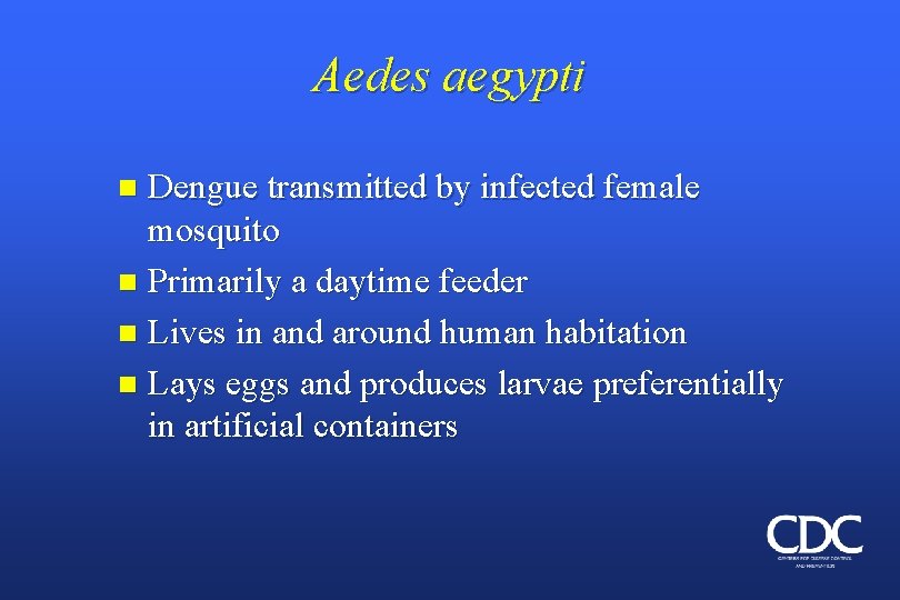Aedes aegypti Dengue transmitted by infected female mosquito n Primarily a daytime feeder n