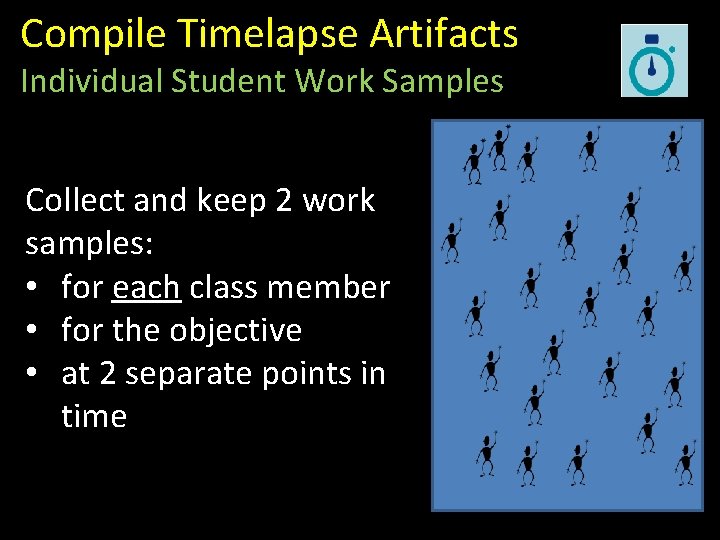 Compile Timelapse Artifacts Individual Student Work Samples Collect and keep 2 work samples: •