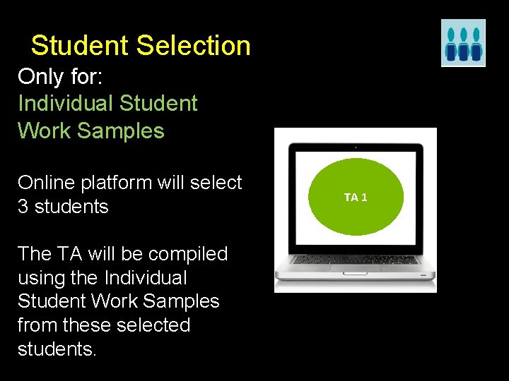 Student Selection Only for: Individual Student Work Samples Online platform will select 3 students