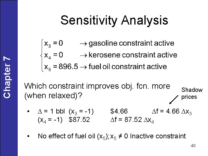 Chapter 7 Sensitivity Analysis Which constraint improves obj. fcn. more (when relaxed)? Shadow prices