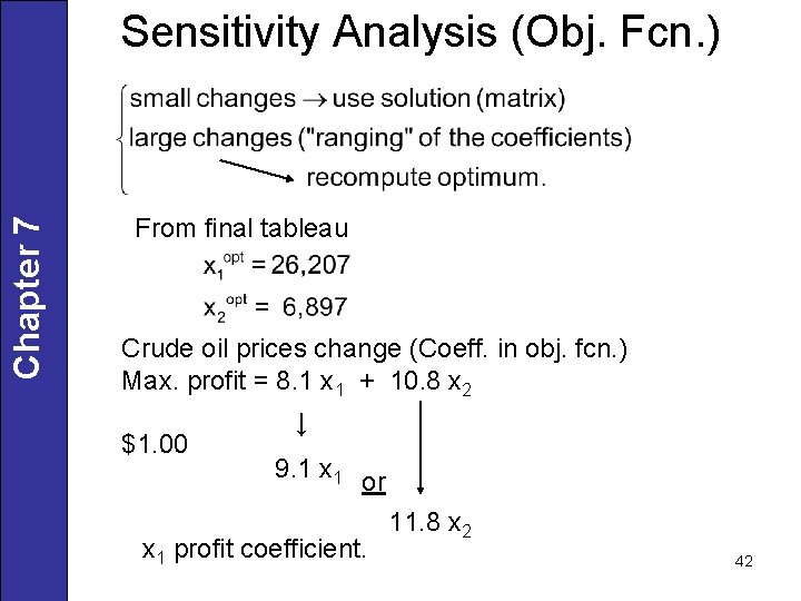 Chapter 7 Sensitivity Analysis (Obj. Fcn. ) From final tableau Crude oil prices change