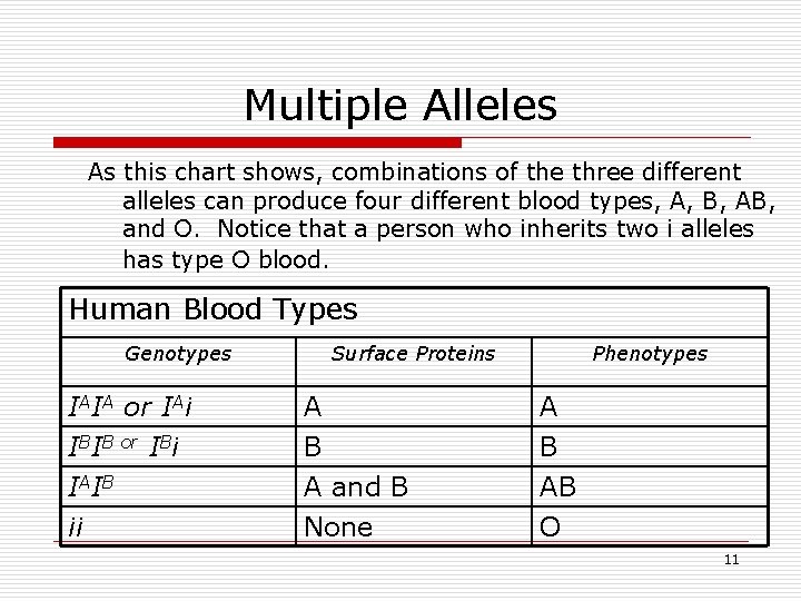 Multiple Alleles As this chart shows, combinations of the three different alleles can produce