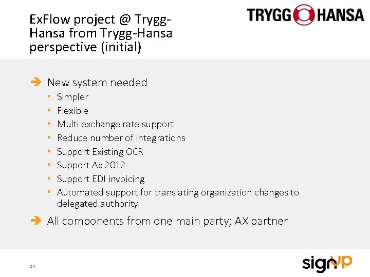 Ex. Flow project @ Trygg. Hansa from Trygg-Hansa perspective (initial) New system needed •