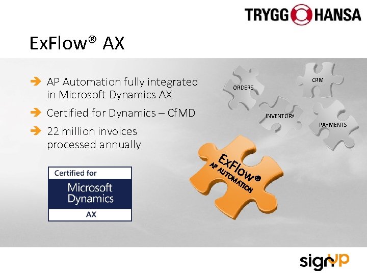 Ex. Flow® AX AP Automation fully integrated in Microsoft Dynamics AX Certified for Dynamics