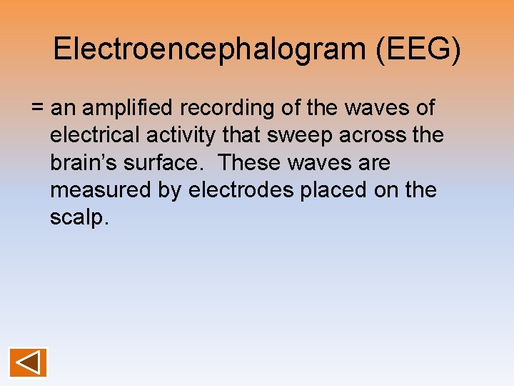 Electroencephalogram (EEG) = an amplified recording of the waves of electrical activity that sweep