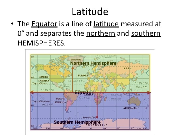 Latitude • The Equator is a line of latitude measured at 0° and separates