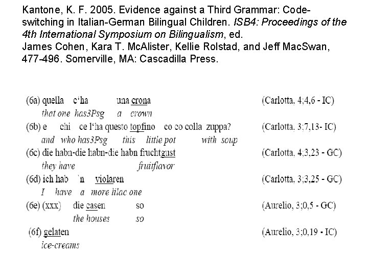 Kantone, K. F. 2005. Evidence against a Third Grammar: Codeswitching in Italian-German Bilingual Children.