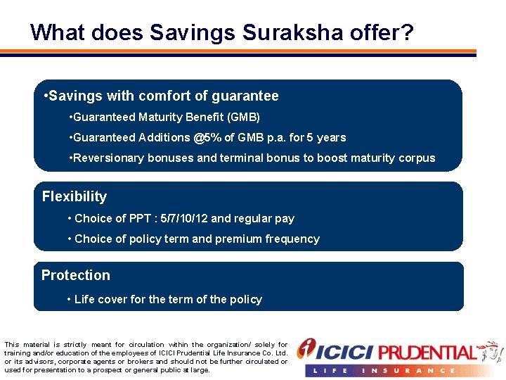 What does Savings Suraksha offer? • Savings with comfort of guarantee • Guaranteed Maturity