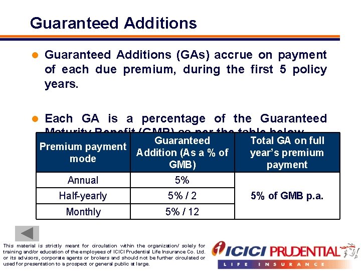 Guaranteed Additions l Guaranteed Additions (GAs) accrue on payment of each due premium, during