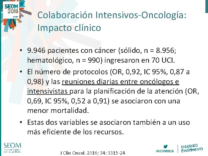 Colaboración Intensivos-Oncología: Impacto clínico • 9. 946 pacientes con cáncer (sólido, n = 8.