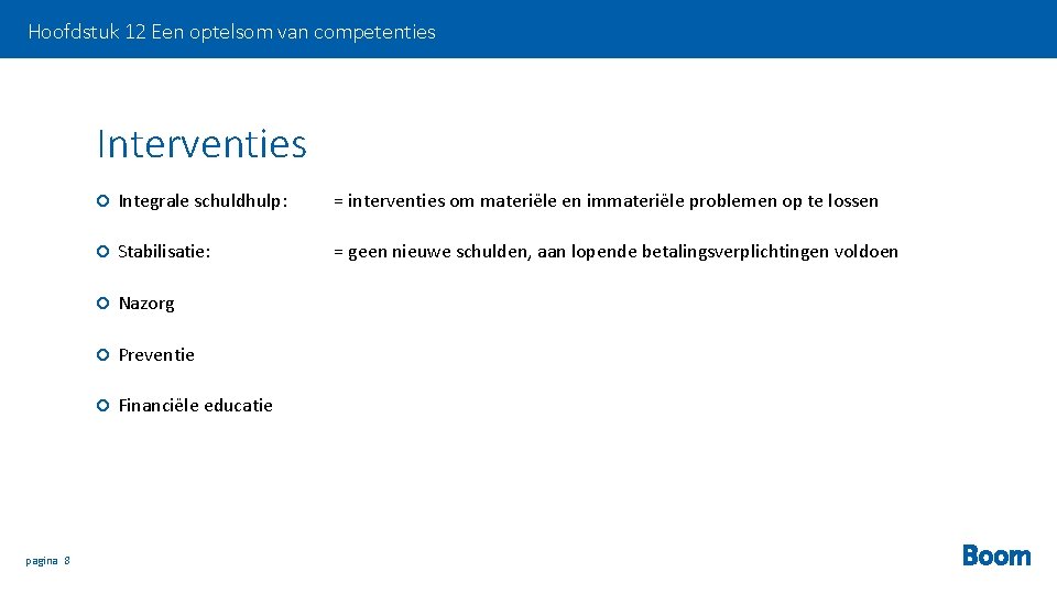 Hoofdstuk 12 Een optelsom van competenties Interventies pagina 8 Integrale schuldhulp: = interventies om