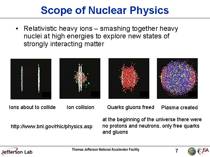 Scope of Nuclear Physics • Relativistic heavy ions – smashing together heavy nuclei at