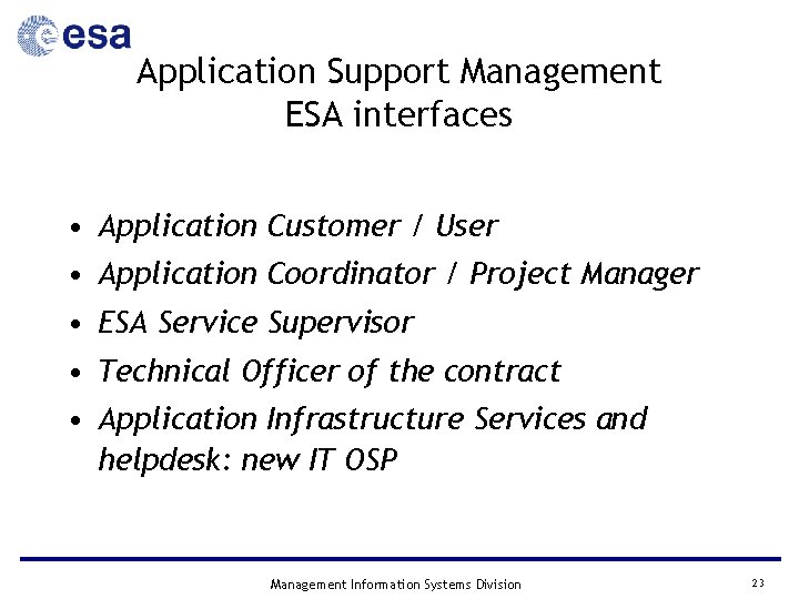 Application Support Management ESA interfaces • Application Customer / User • Application Coordinator /