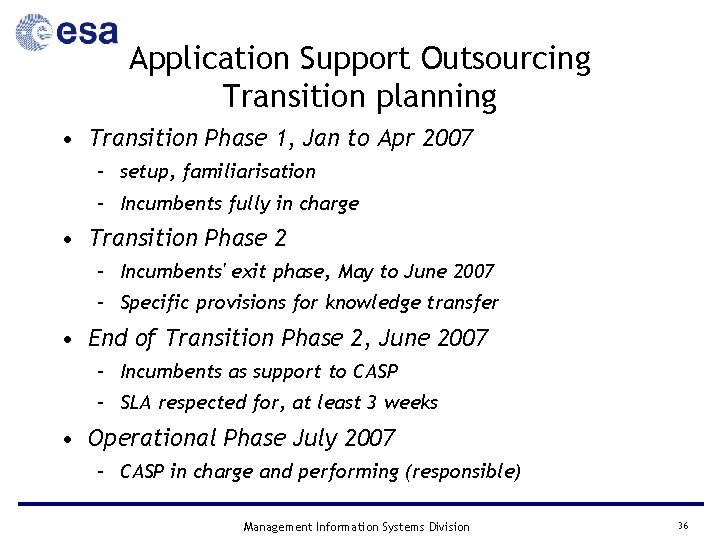 Application Support Outsourcing Transition planning • Transition Phase 1, Jan to Apr 2007 –