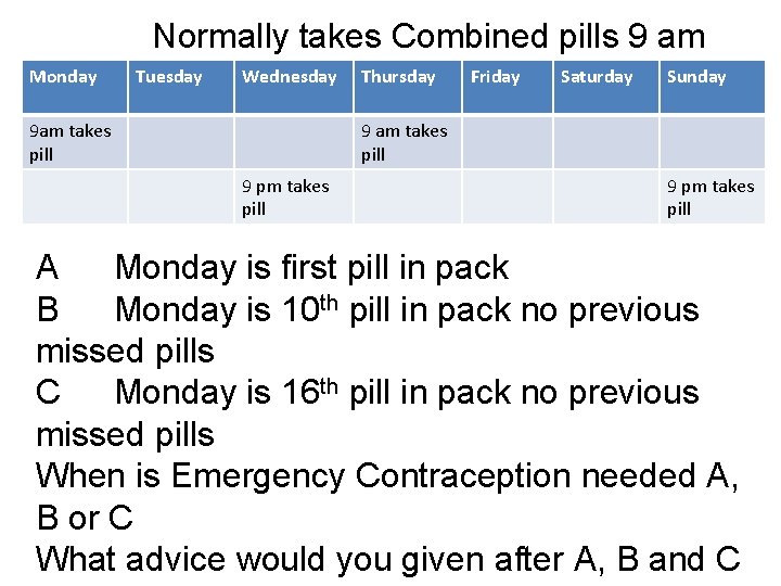 Normally takes Combined pills 9 am Monday Tuesday Wednesday 9 am takes pill Thursday