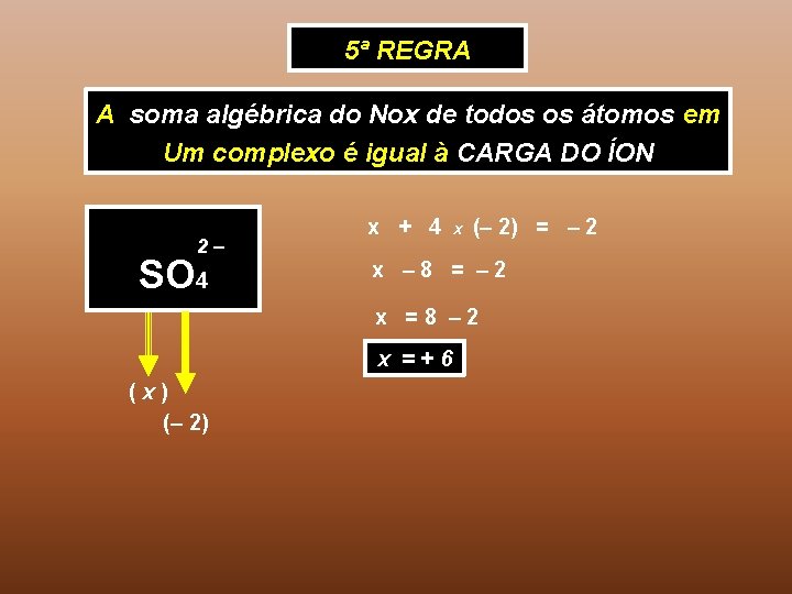 5ª REGRA A soma algébrica do Nox de todos os átomos em Um complexo