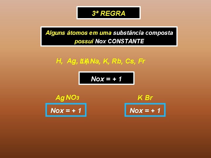 3ª REGRA Alguns átomos em uma substância composta possui Nox CONSTANTE H, Ag, Li,